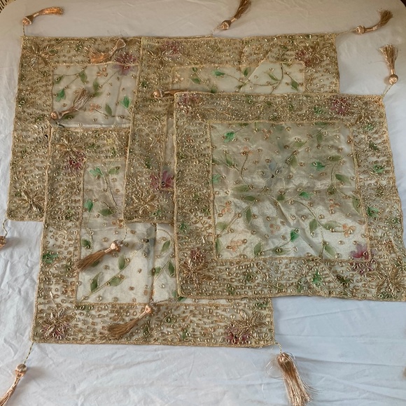Set of 4 Vintage Gold Beaded Table Runners - Floral Embroidered with Tassels 15" - Picture 1 of 8
